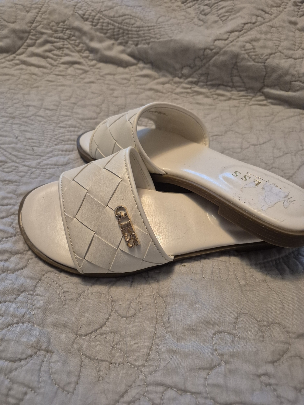 Guess Cream Woven Slide Sandals with Gold Logo